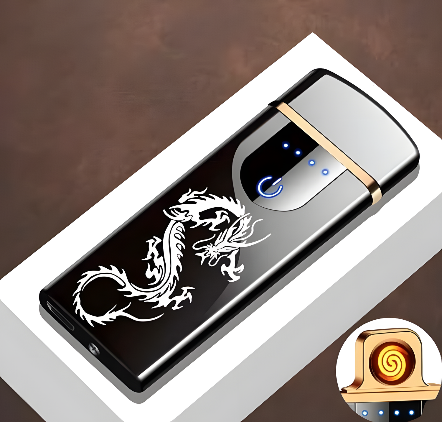 briquet elegance slim dragon sur sa boite sur fond marron