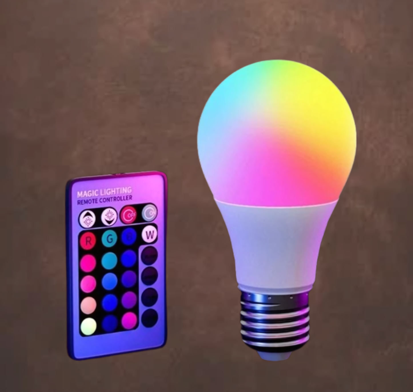 ampoule led multicolore avec sa télécommande sur fond marron