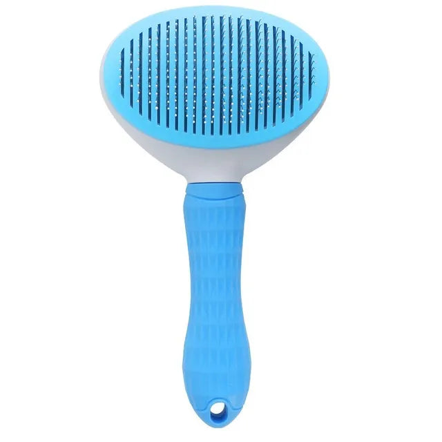 brosse autonettoyante pour animaux bleue sur fond blanc