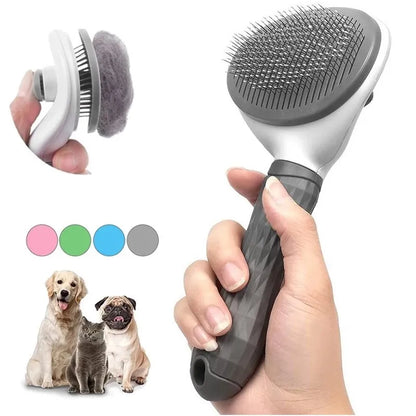 brosse autonettoyante pour animaux noire sur fond blanc avec 2 chiens et 1 chat