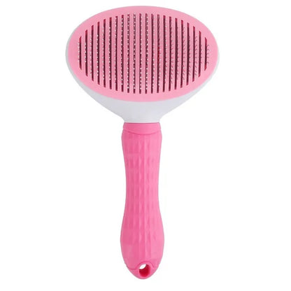 brosse autonettoyante pour animaux rose sur fond blanc