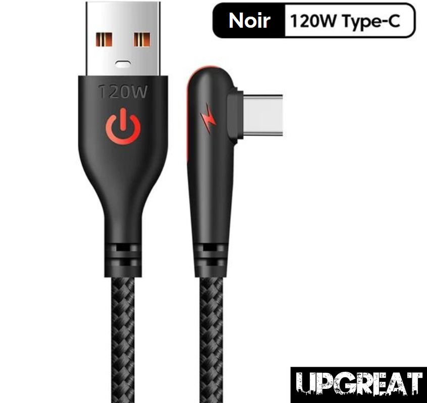 cable usb-c noir sur fond blanc avec le logog upgreat