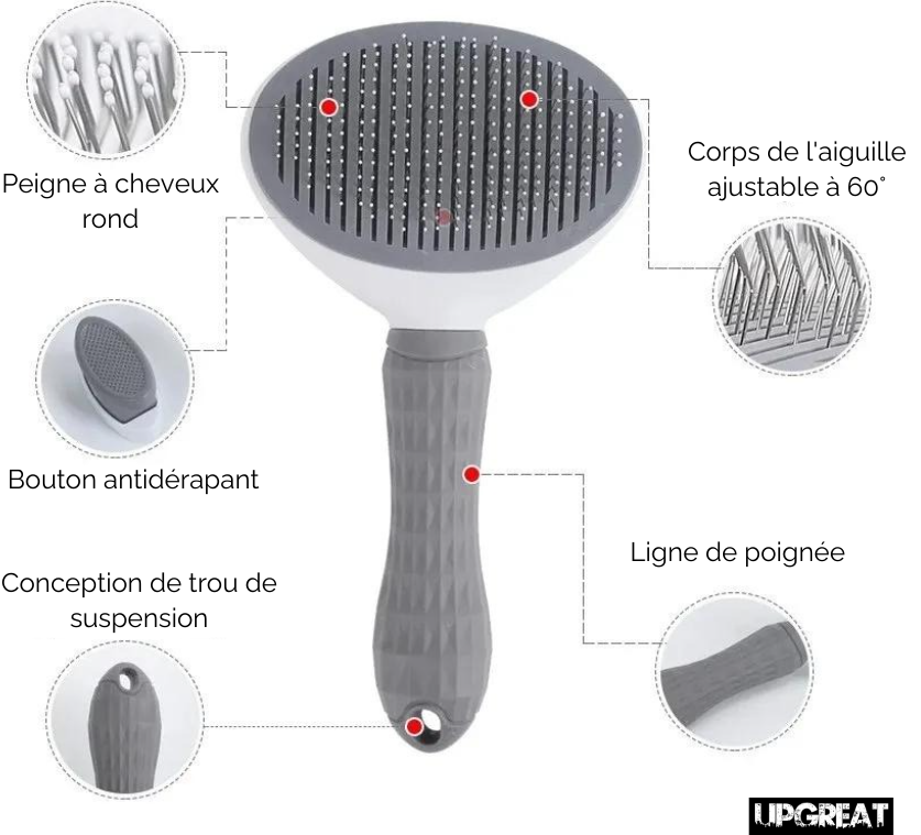 caracteristiques de la brosse autonettoyante pour animaux noire sur fond blanc