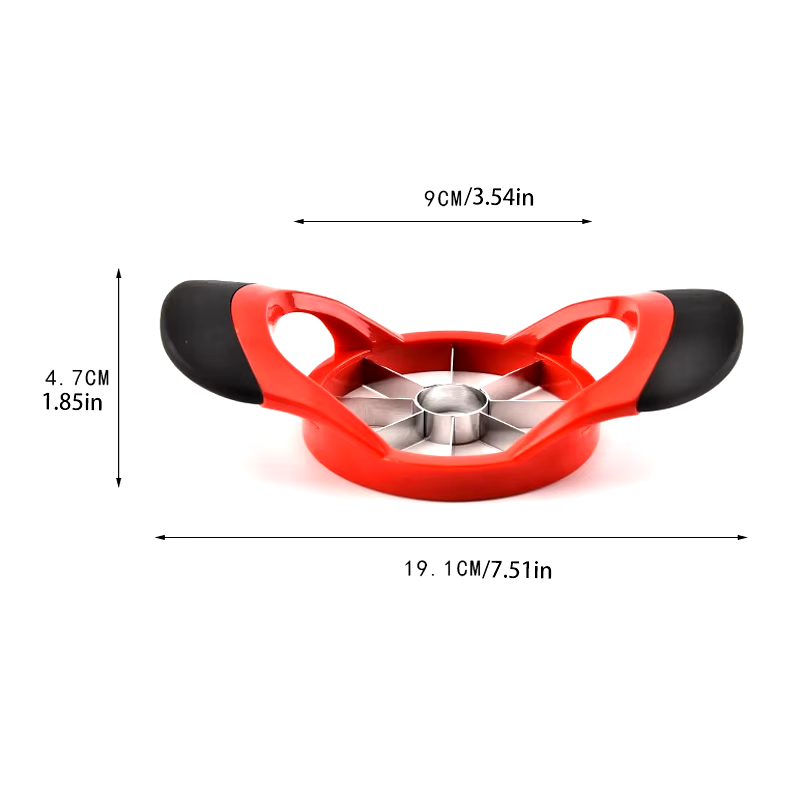 trancheur de pomme rouge en acier inoxydable avec ces dimensions sur fond blanc