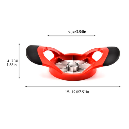 trancheur de pomme rouge en acier inoxydable avec ces dimensions sur fond blanc