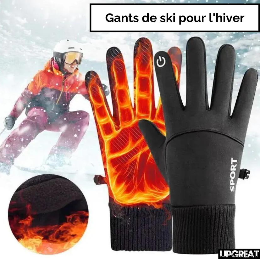 gans etanches tactiles de ski pour l hiver avec une personne qui ski