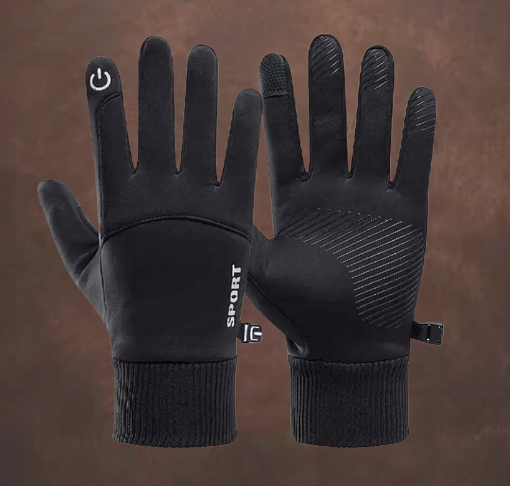 gants tactiles sur fond marron