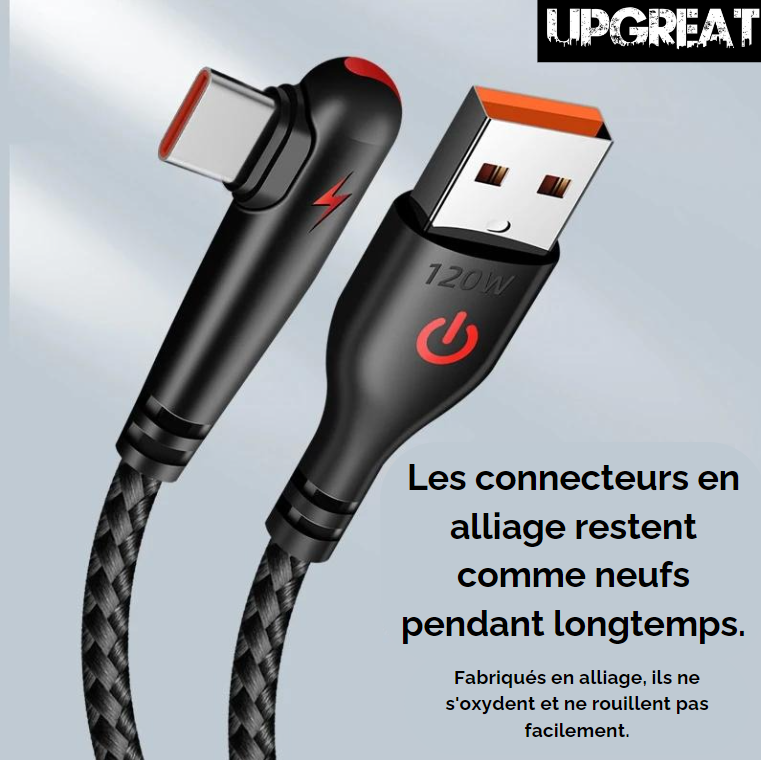 longevite cable usb-c sur fond gris avec logo upgreat