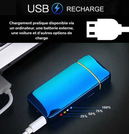 recharge briquet robust classique bleu avec signal lumineux, endroit pour recharger et câble