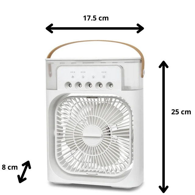 ventilateur humidificateur blanc avec dimensions sur fond blanc