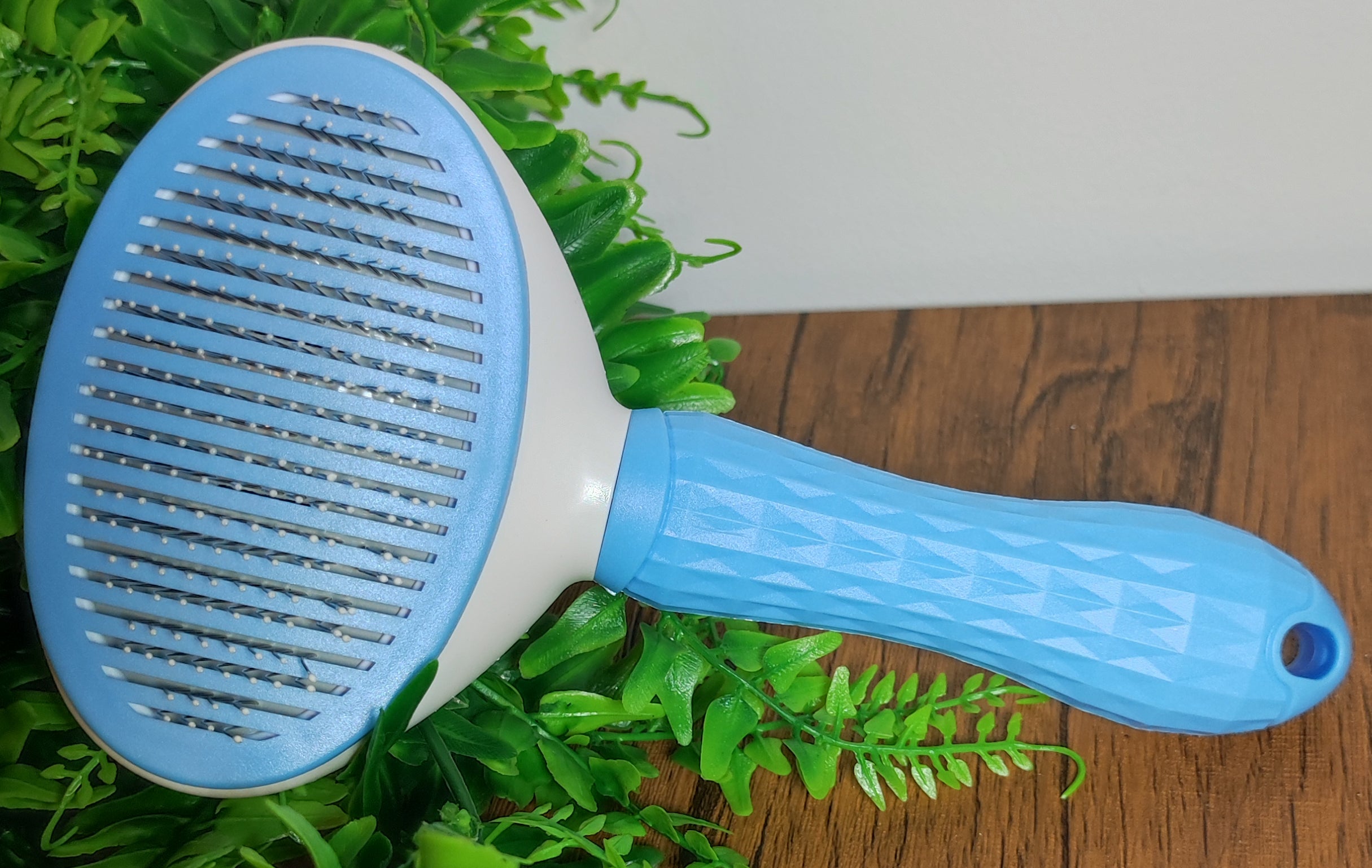 vu de dessous de la brosse autonettoyante pose sur une table marron avec un mur blanc et des feuilles