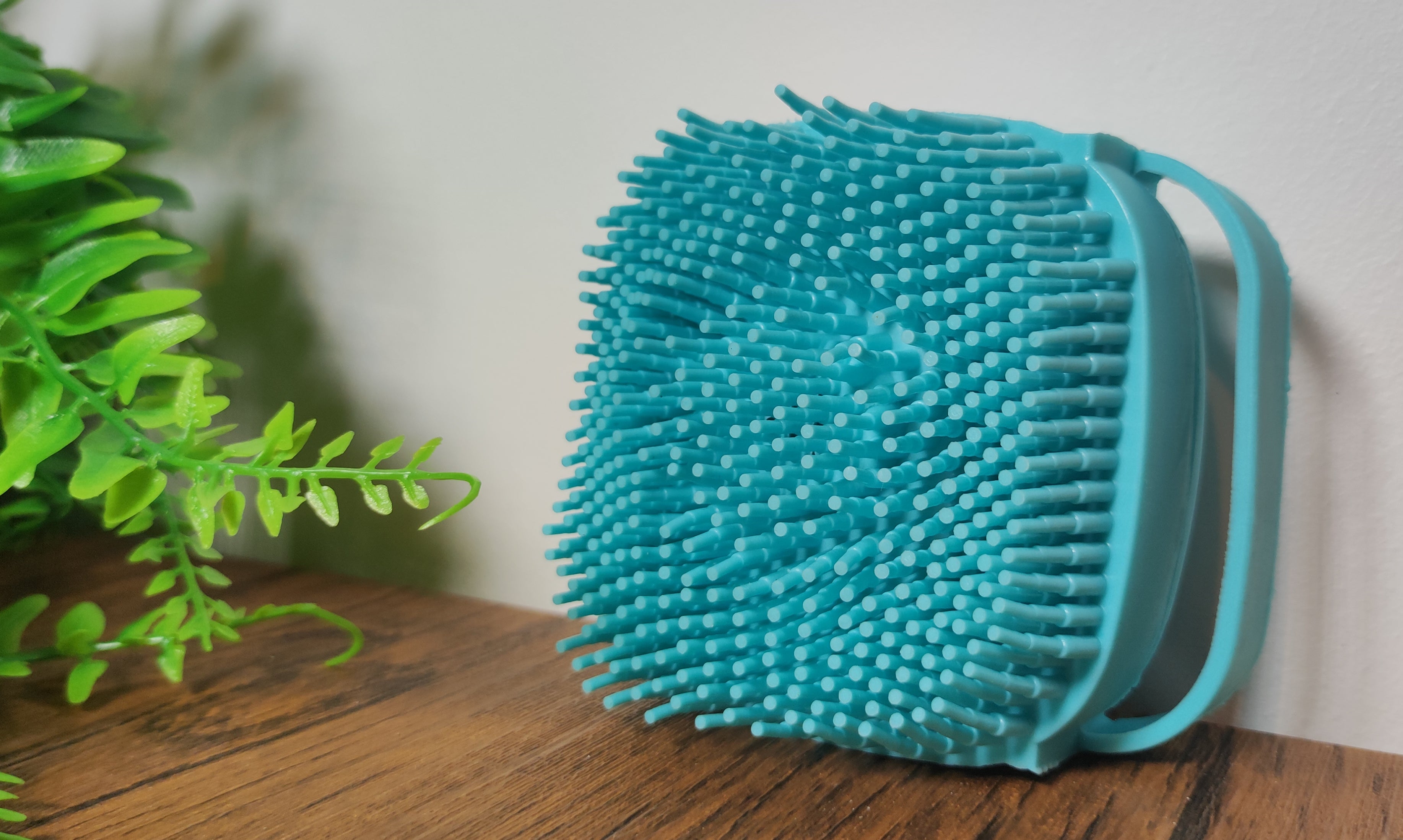 vu du dessous de la brosse a shampoing pour animaux pose une table avec un mur blanc et des feuilles