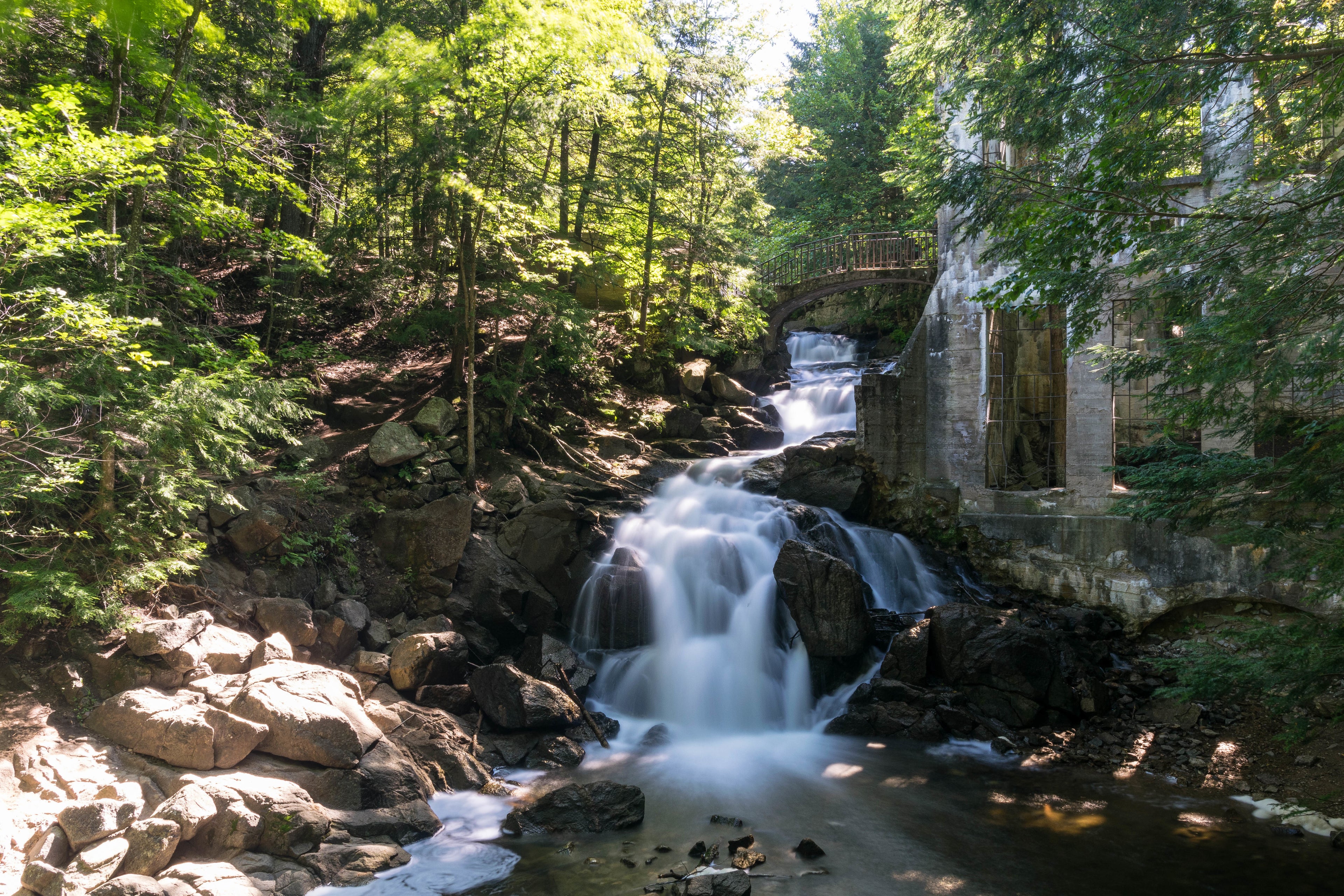 petit ruisseau avec des petites cascades sur des rochers au milieu de la foret